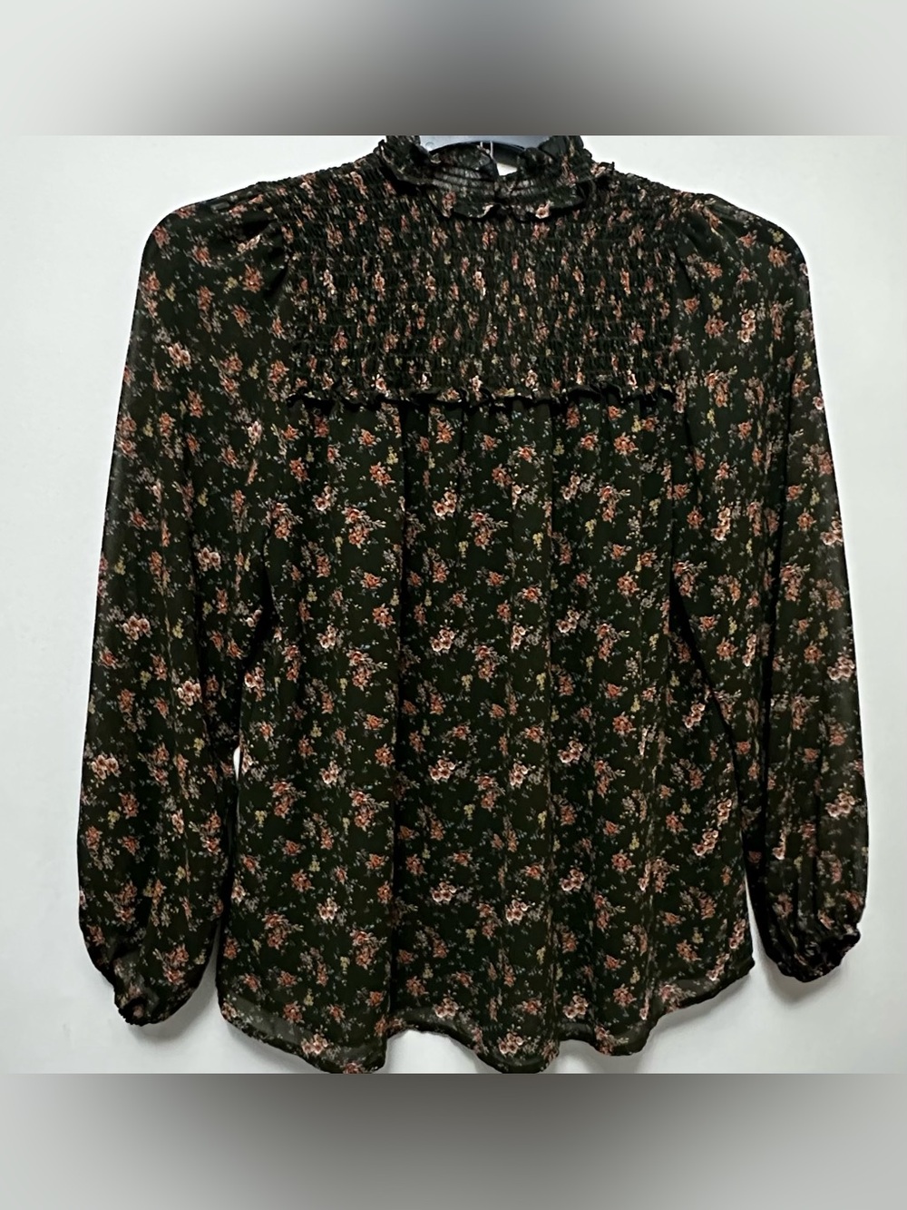 Pleione Dark Olive Floral Ruffle Smocked Yoke Blouse